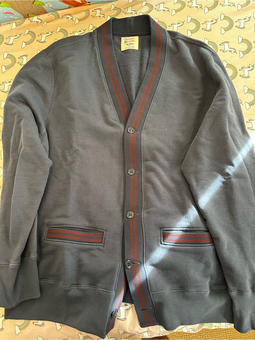 Todd Snyder x Champion Navy Cardigan with Red Stripe Trim